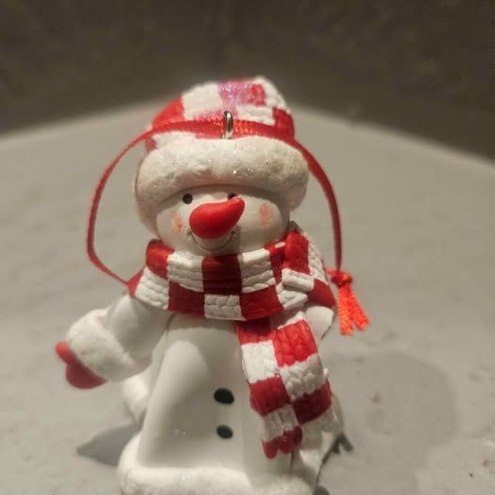 Snowman Christmas Ornament with Red and White Checkered Scarf Ceramic